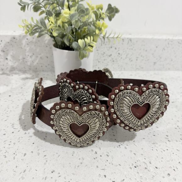 Vintage Y2K Rare Heart Metal Studded Leather Belt Large Boho Coastal Cowgirl - Picture 3 of 4